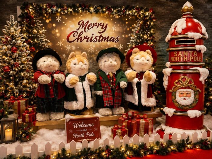 The Cats Choir in their new tartan and velvet outfits, in front of a Merry Christmas backdrop beside a Santa post box