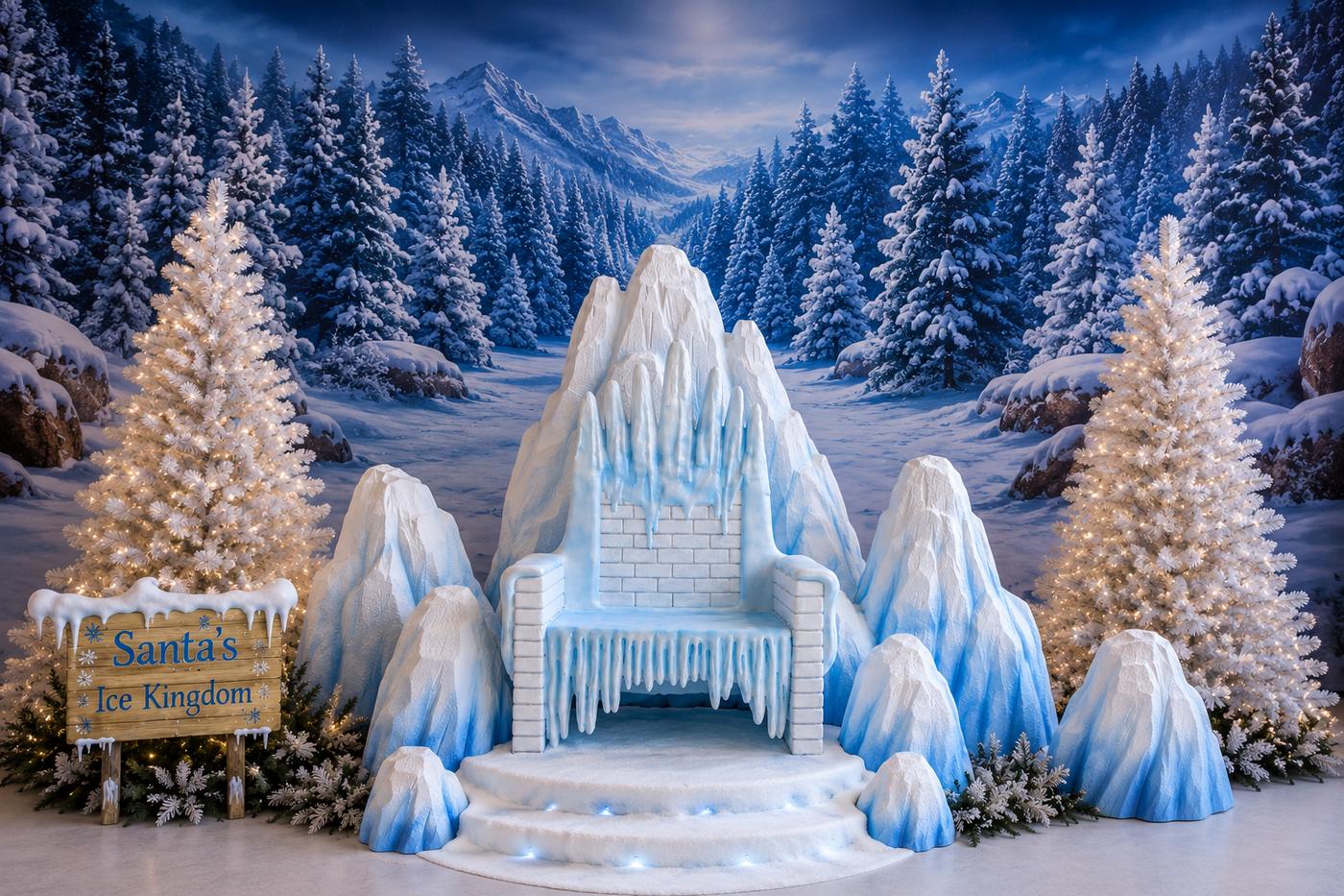 Santa's Ice Kingdom set: an ice throne among snow-covered peaks and lit white trees