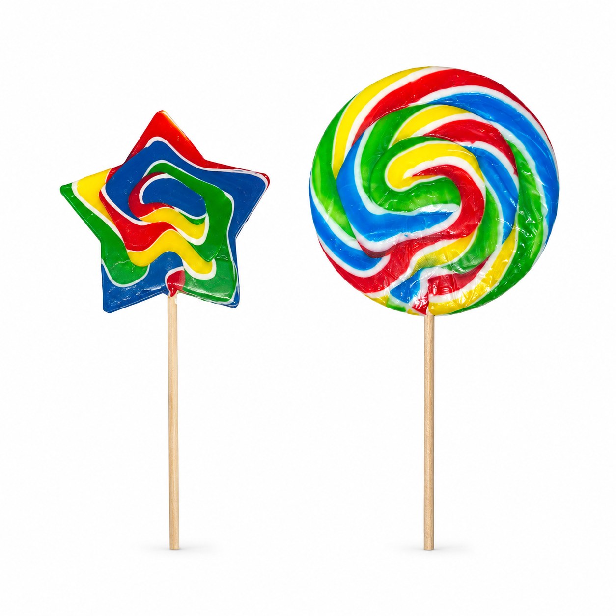 A giant star-shaped lollipop and a giant round lollipop, both with red, blue, green and yellow swirled stripes on wooden sticks