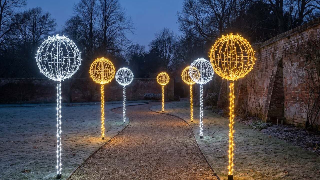 Light Balls On Poles along a light trail path