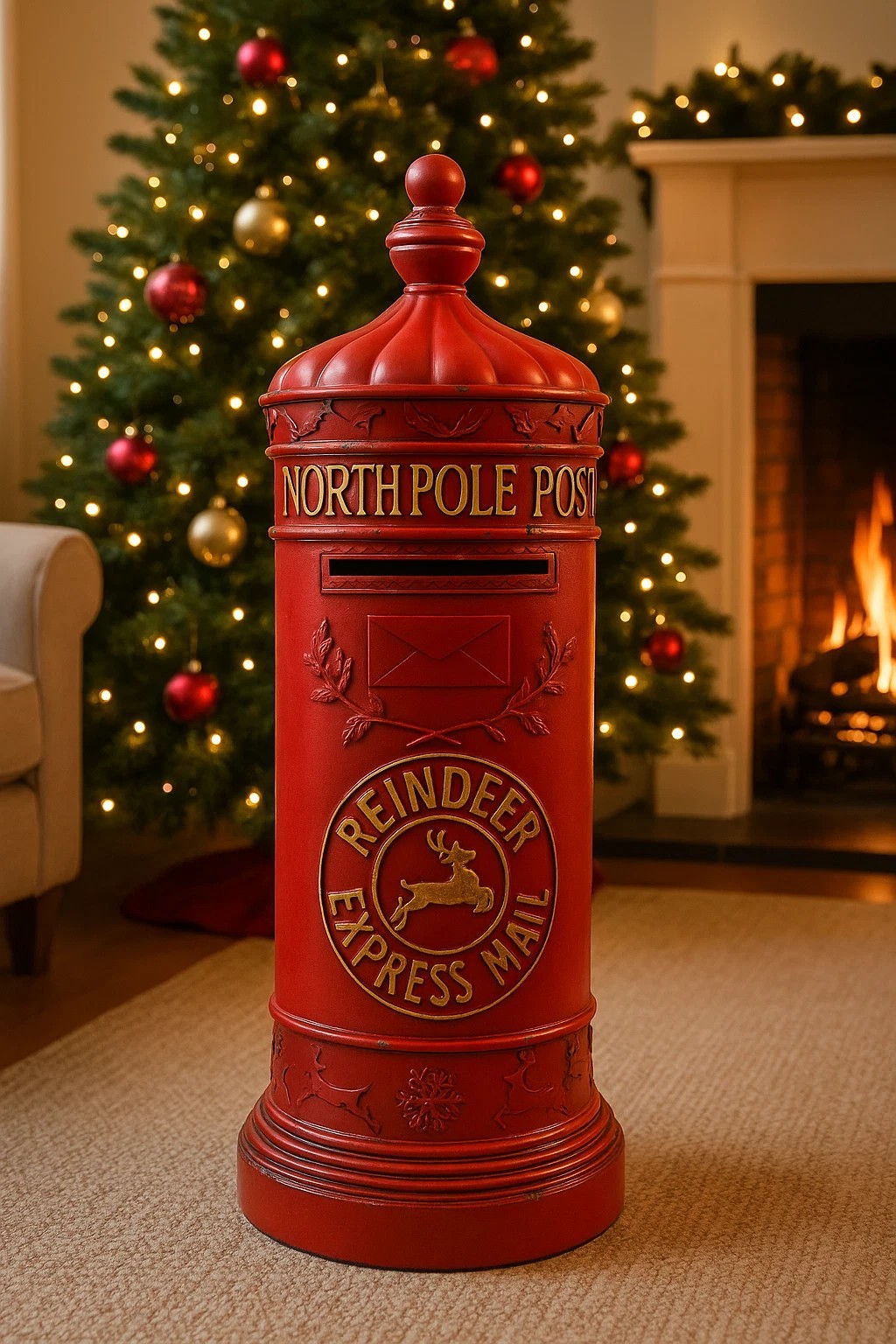 A red Victorian-style post box lettered North Pole Post and Reindeer Express Mail, beside a decorated Christmas tree