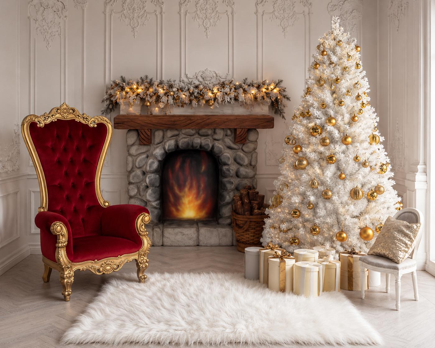 Red and gold Santa throne beside a stone fireplace and a white Christmas tree dressed in gold baubles