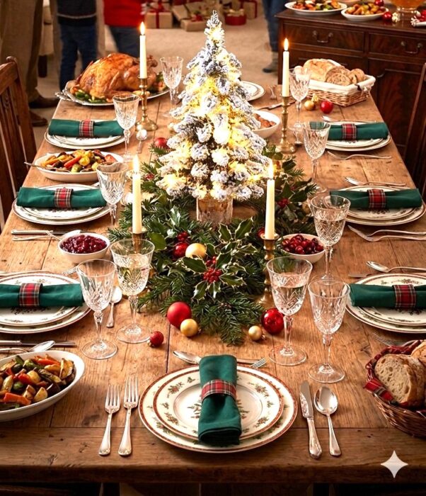 Table Centre Snow Clad Tree — a lit snow-clad table-top tree as the centrepiece of a laid Christmas dinner table