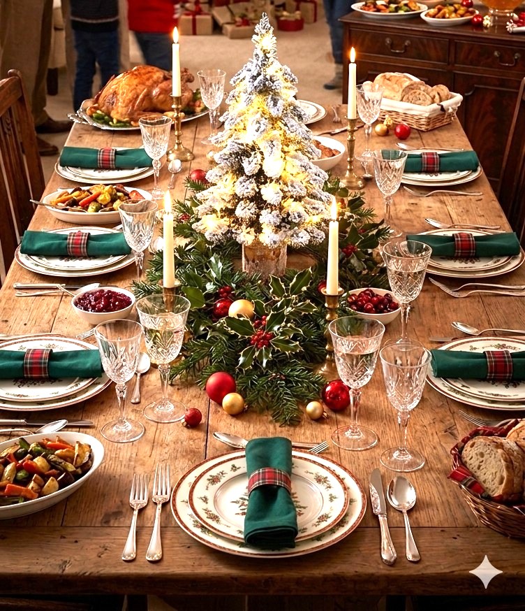 Table Centre Snow Clad Tree — a lit snow-clad table-top tree as the centrepiece of a laid Christmas dinner table