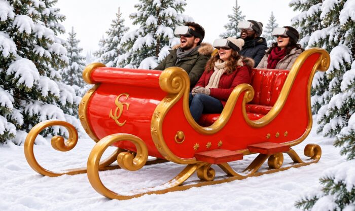 VR Sleigh Ride — riders wearing VR headsets in the red and gold Santa sleigh, surrounded by snow-clad trees