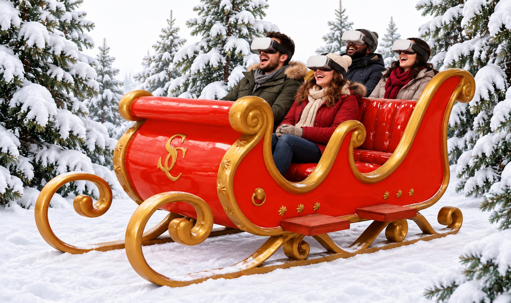 VR Sleigh Ride — riders wearing VR headsets in the red and gold Santa sleigh, surrounded by snow-clad trees