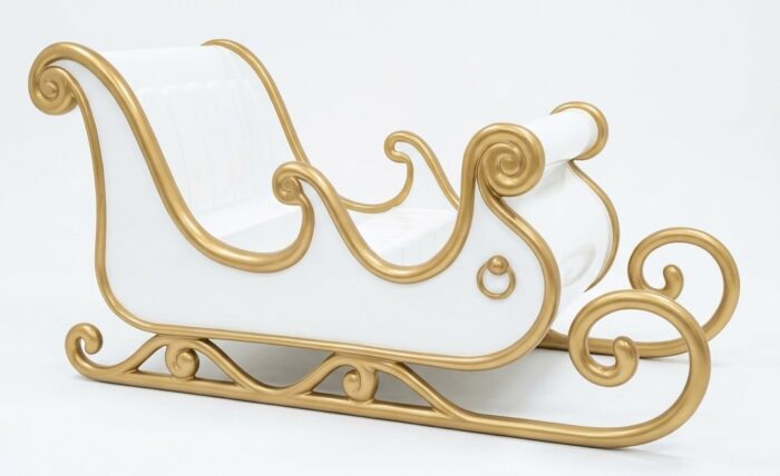 White Santa Sleigh — a white four-seater sleigh with gold scrollwork and runners