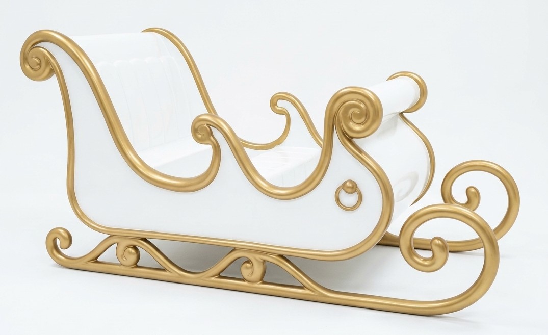 White Santa Sleigh — a white four-seater sleigh with gold scrollwork and runners